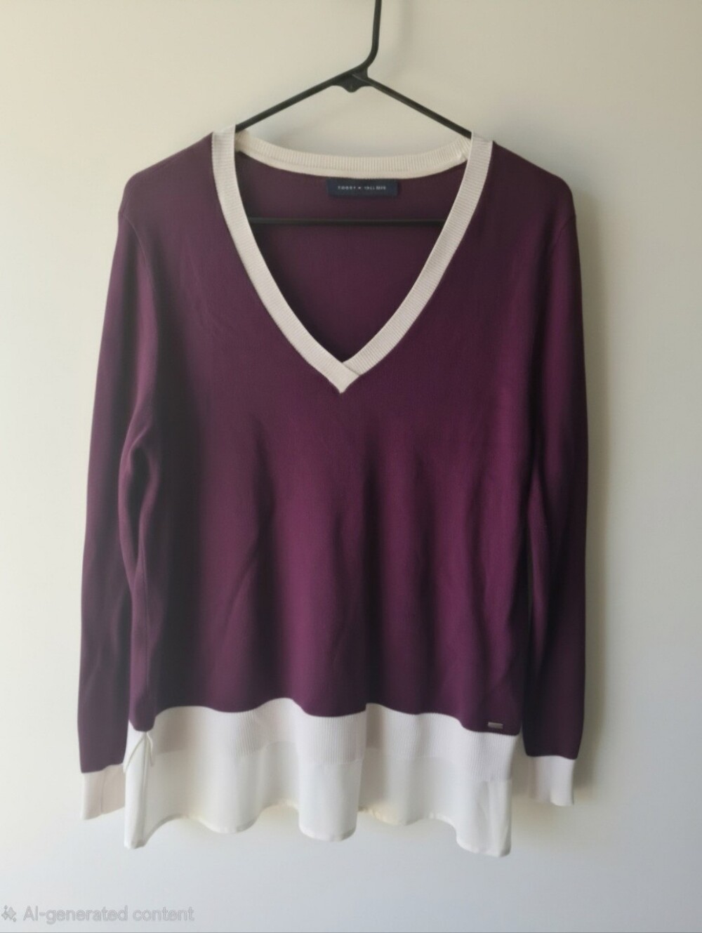 Tommy Hilfiger colorblock knit pullover sweater V-neck button cuff women's M